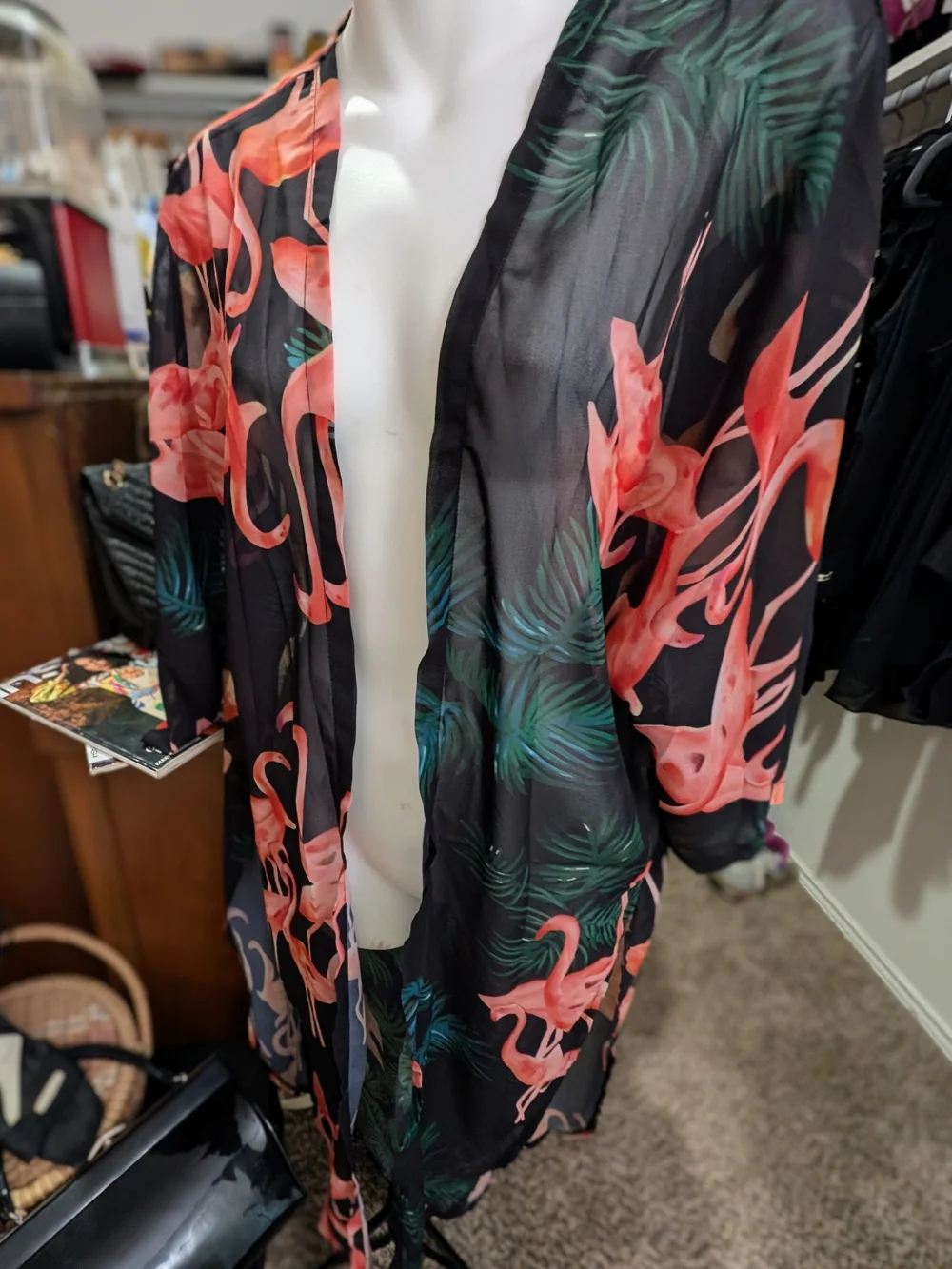 Black Sheer Flamingo Print Swim Cover-Up - Picture 1 of 2